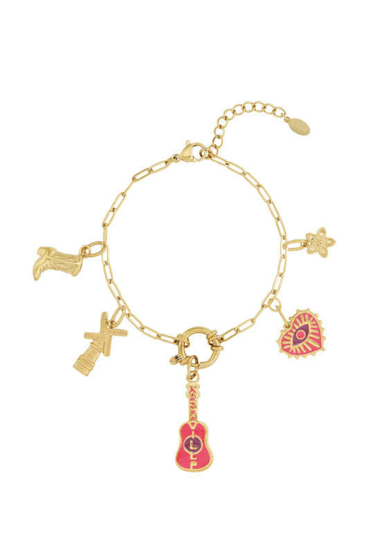 Gyllene gitarrarmband med lekfulla westernberlocker