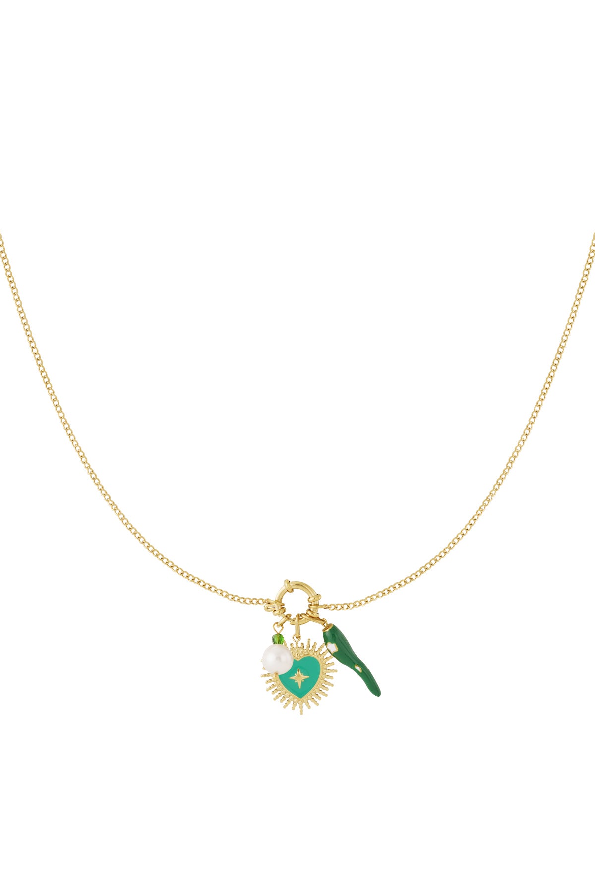 Halsband med gröna berlocker och hjärta
