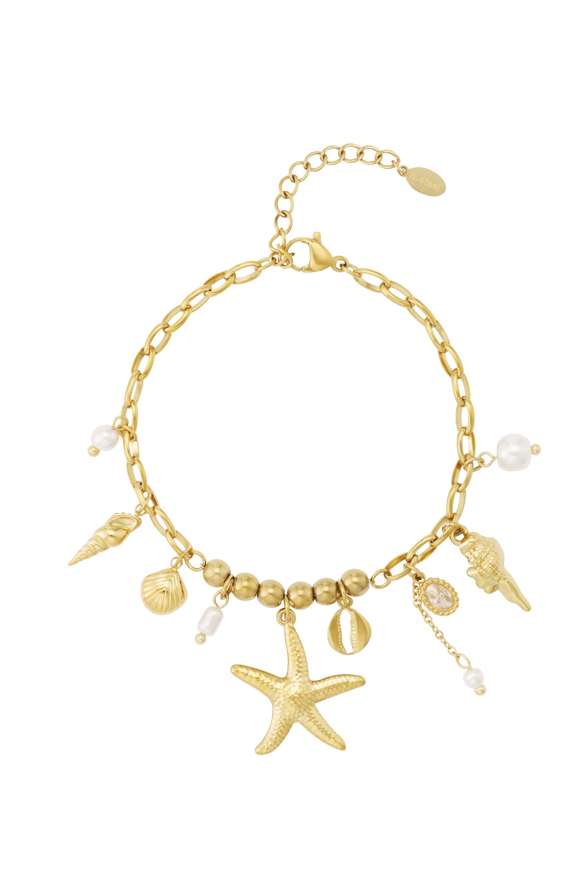 Guldfärgat strandarmband med pärlor och snäckor