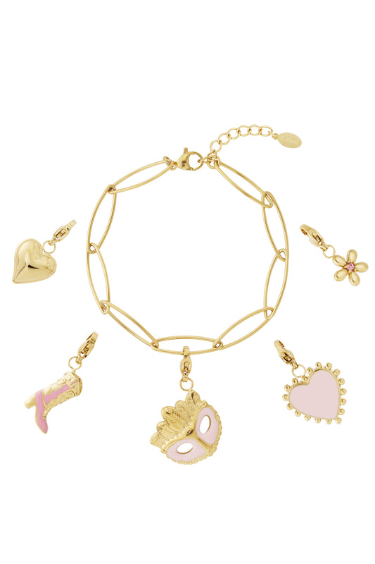 Gyllene glamorös berlockarmband med lekfulla rosa detaljer