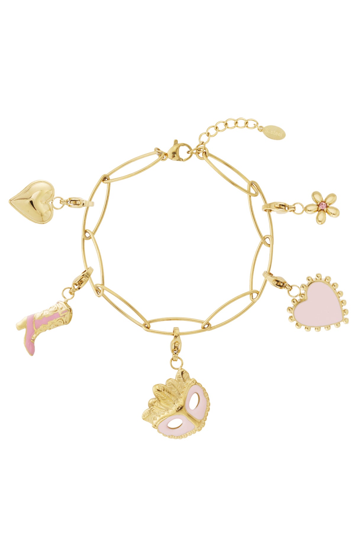 Gyllene glamorös berlockarmband med lekfulla rosa detaljer